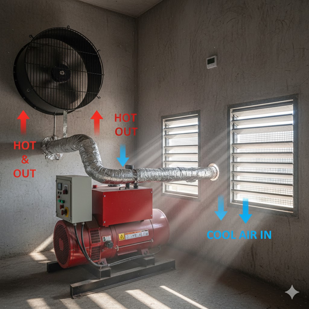 Generator room showing intake louvers low on one wall and exhaust fan high on opposite wall demonstrating proper cross-ventilation airflow
