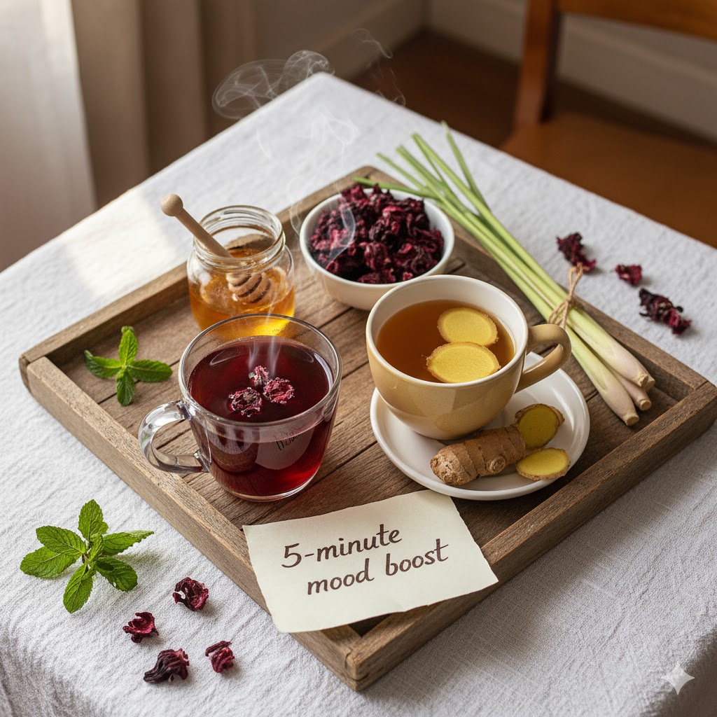Traditional Nigerian zobo hibiscus tea and fresh ginger tea setup on wooden tray for natural mood improvement and stress relief at home