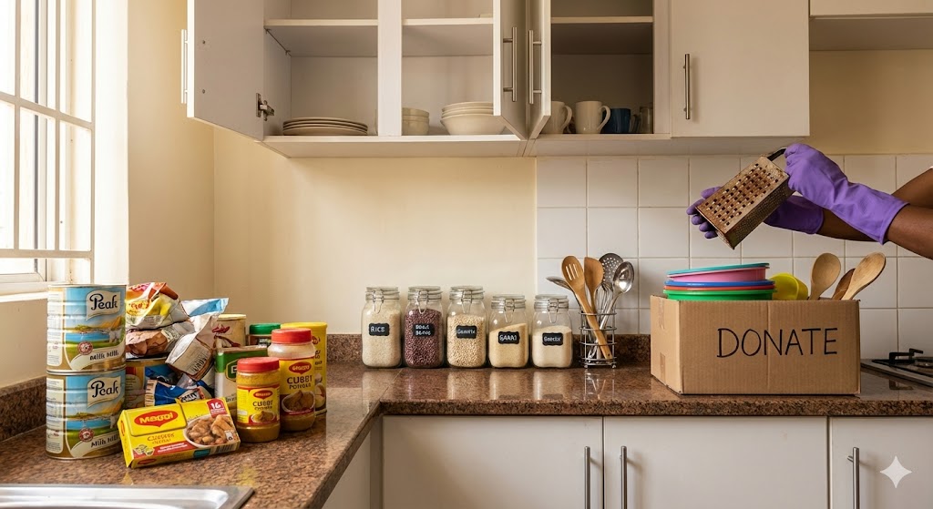 Nigerian kitchen counter with expired spices, duplicate utensils, and organized sorting boxes for decluttering before moving