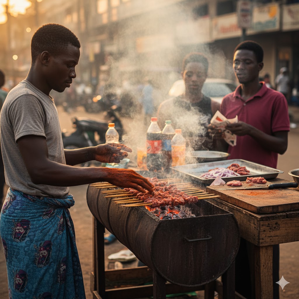 Nigerian suya vendor grilling spicy meat skewers over hot coals in evening with customers waiting and smoke rising in Lagos street food scene