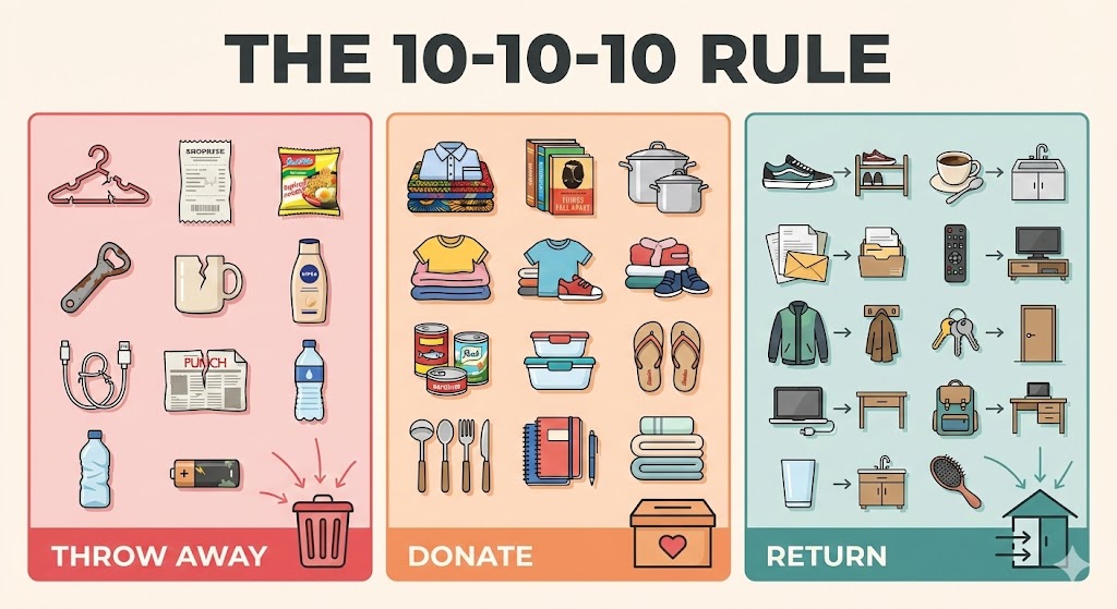 Visual diagram showing 10-10-10 decluttering rule with three categories: items to throw away, donate, and return to proper place