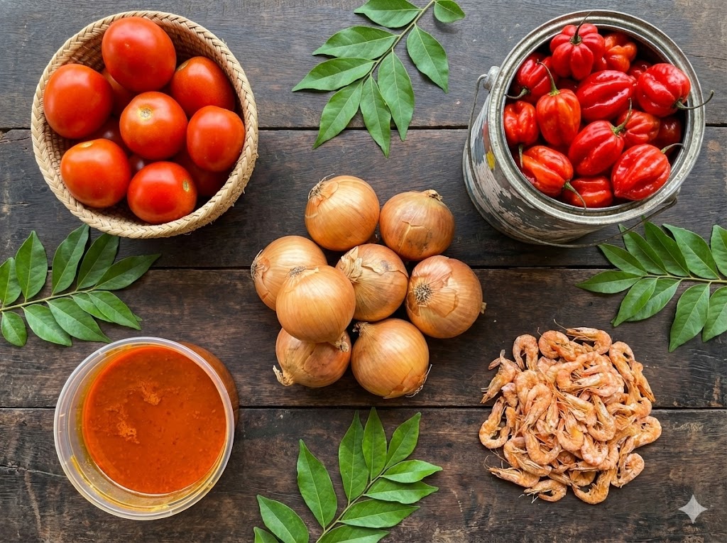 Overhead flat-lay of Nigerian cooking ingredients including tomatoes, peppers, onions, palm oil, and crayfish typically sold at Mile 12 Market Lagos