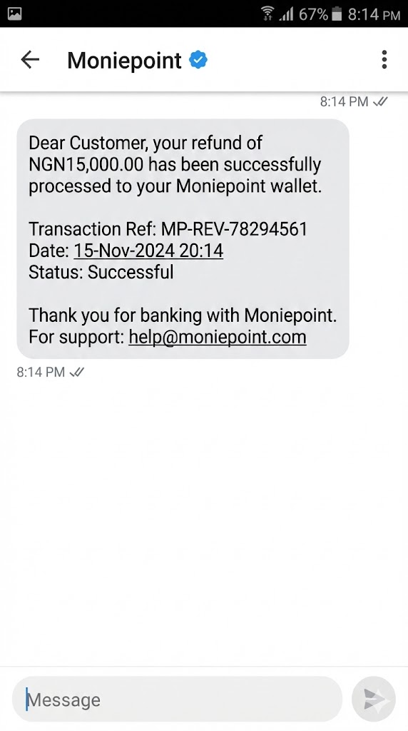 Screenshot of Moniepoint SMS notification confirming ₦15,000 refund processed at 8:14 PM on November 15th