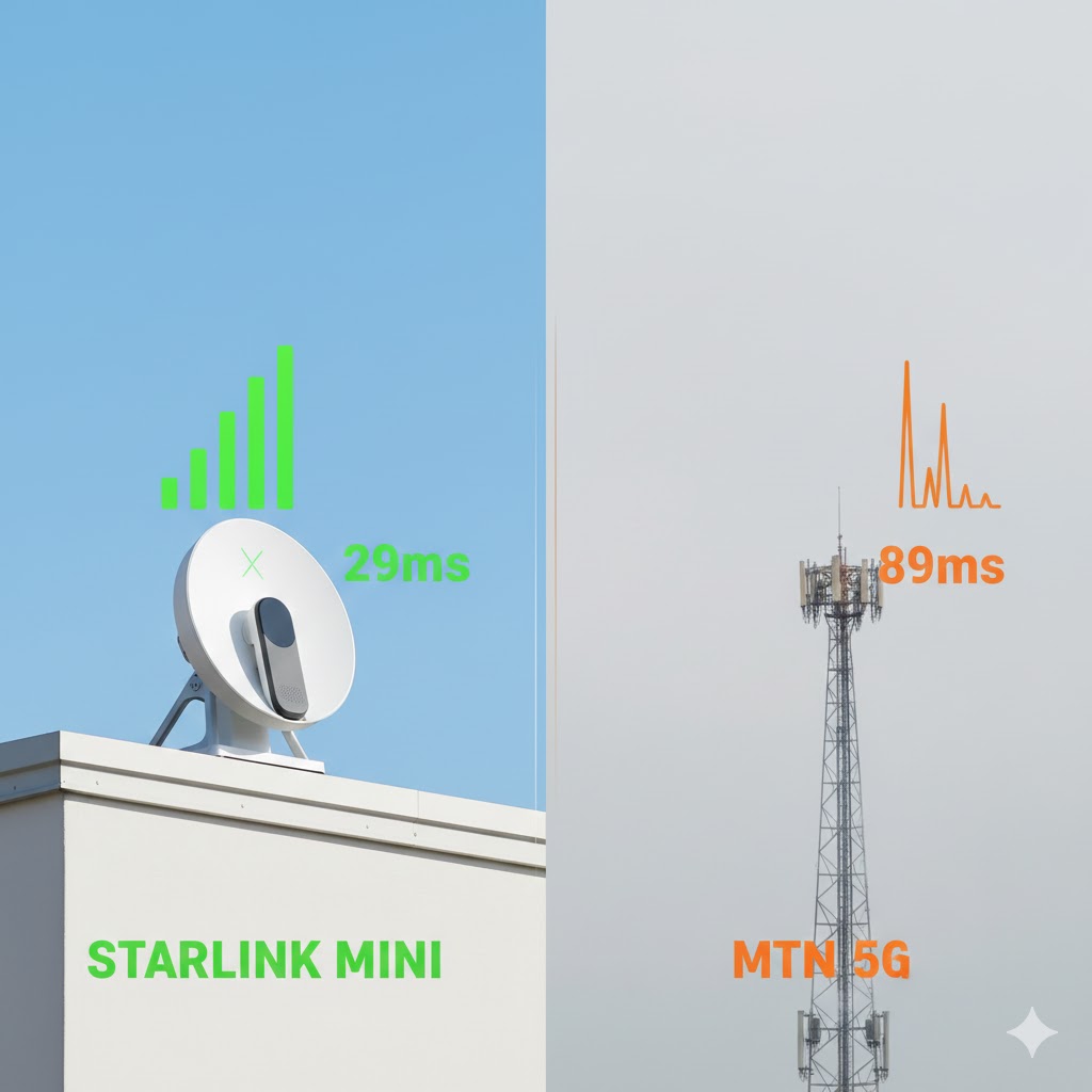 Split-screen comparison showing Starlink Mini satellite dish with strong signal versus 5G tower with weak coverage bars in Nigerian setting