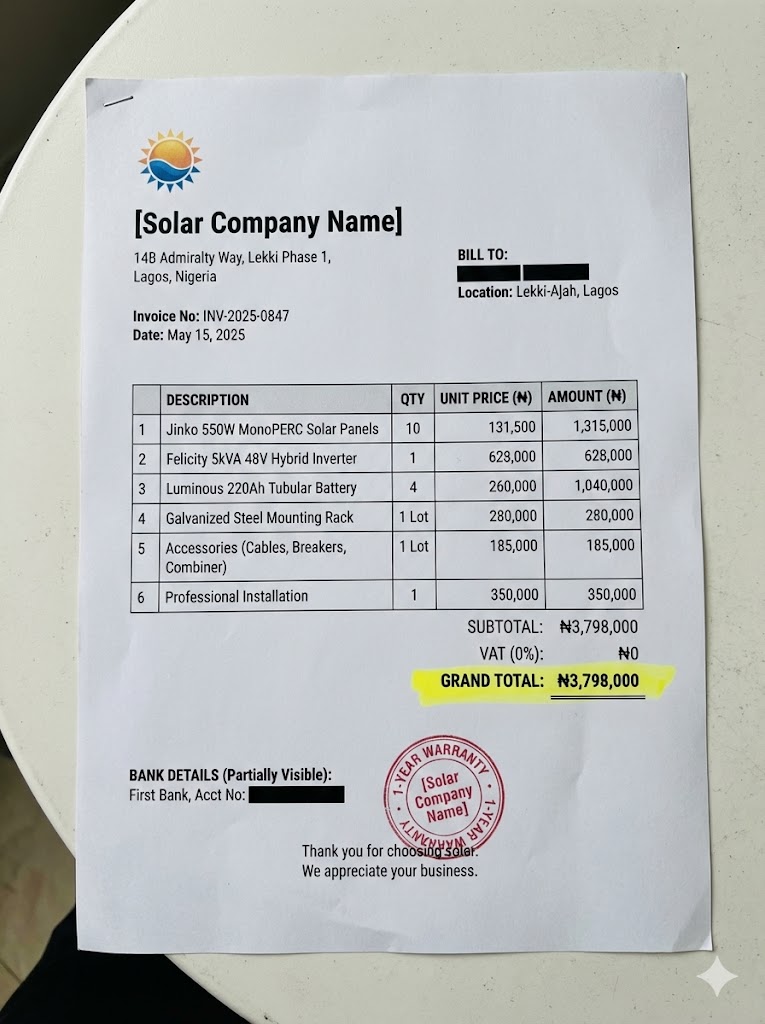 Professional solar installation invoice showing itemized costs for 5kVA system including Jinko panels, Felicity inverter, and Luminous batteries totaling ₦3,798,000