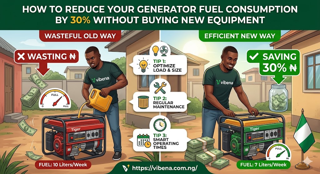 How to Reduce Your Generator Fuel Consumption by 30% Without Buying New Equipment I have been servicing and installing power systems across Lagos, Abuja, and Port Harcourt for over 8 years. And if there is one complaint I hear more than any other from Nigerians right now, it is this: "My generator is drinking fuel like water." With petrol sitting above ₦1,200 per litre, running a generator for even 4 hours daily now costs between ₦18,000 and ₦35,000 monthly depending on your generator size. That is rent money in some parts of Nigeria. But here is what most people do not realize. You do not need to buy a new generator, convert to gas, or install solar to start saving fuel immediately. Most generator fuel waste comes from everyday habits, poor maintenance, and simple operational mistakes that are completely within your control. I have personally helped clients cut their fuel consumption by 25% to 35% using nothing more than the strategies in this guide. No new equipment. No modifications. Just smarter usage of what you already own. Why Your Generator Is Consuming More Fuel Than It Should Before we get into fixes, you need to understand why your generator is burning through petrol or diesel faster than expected. According to technical information from GFE Power Products, a UK-based generator specialist, most fuel inefficiency comes from three controllable areas: poor maintenance, incorrect loading, and unnecessary runtime. These are not manufacturing defects. They are user errors. A generator is designed to operate most efficiently within a specific load range. When you push it outside that range, either too high or too low, the engine compensates by burning more fuel per unit of electricity produced. The same principle applies to maintenance. A clogged air filter, degraded engine oil, or dirty fuel injectors force the engine to work harder for the same output. That extra effort translates directly into extra fuel. The good news is that every one of these problems has a free or near-free solution. Step 1: Stop Running Your Generator at Low Load This is the single biggest fuel waster I see in Nigerian homes, and almost nobody talks about it. Most people assume that running fewer appliances on their generator saves fuel. The logic seems obvious: less load means less work, which means less fuel. But generators do not work that way. According to information from Aso Genset, running a generator below 30% of its rated capacity for extended periods causes poor combustion efficiency and leads to a condition called wet stacking. Wet stacking happens when unburnt fuel accumulates in the exhaust system because the engine is not running hot enough to burn fuel completely. The result? Your generator consumes fuel but converts a smaller percentage of it into useful electricity. You are literally paying for fuel that turns into carbon deposits and black exhaust smoke instead of power. The optimal load range for fuel efficiency is between 50% and 80% of your generator's rated capacity. According to multiple generator manufacturers and confirmed by Aso Genset's technical guide, this is the range where the engine reaches proper operating temperature and burns fuel most completely. What This Means in Practice If you own a 3.5kVA generator (common models like the Sumec Firman or Elepaq), its maximum output is roughly 2,800W. For best fuel efficiency, your connected load should be between 1,400W and 2,240W. Running just two LED bulbs and a phone charger (total load: about 25W) on that 3.5kVA generator is massively wasteful. The engine still idles at a minimum speed, still burns fuel, but produces almost no useful output relative to what it consumes. How to Fix This Consolidate your power usage into defined windows. Instead of running your generator for 8 hours with a light load, run it for 4 hours with a proper load. Charge everything, iron your clothes, run the fridge, and use your laptop all within that window. Then turn it off. This one change alone can reduce your daily fuel consumption by 15% to 25% based on what I have seen across dozens of client homes. If you need power outside those windows for lighter tasks, a rechargeable fan and a power bank for your laptop handle the gap without burning a single drop of fuel. Step 2: Service Your Generator Properly and On Schedule This sounds basic. But I cannot tell you how many generators I inspect in Nigeria that have not been serviced in 6 months, sometimes a year. The owners complain about high fuel consumption when the real problem is a ₦2,000 air filter change they have been postponing. According to information from Bison Generator, a generator manufacturer with detailed technical resources on diesel and petrol engine maintenance, these are the specific maintenance tasks that directly affect fuel consumption: Change the Air Filter The air filter ensures clean oxygen reaches the combustion chamber. When it clogs with dust (which happens fast during harmattan in Nigeria), the engine receives less air. To compensate, it burns a richer fuel mixture, meaning more petrol per combustion cycle. A clean air filter can improve fuel efficiency by 5% to 10% on its own. Replace or clean it every 250 operating hours, or roughly every 2 to 3 months for a generator running 4 hours daily. An air filter for most small Nigerian generators (Tiger, Sumec Firman, Elepaq, Lutian) costs between ₦500 and ₦2,000. Change the Engine Oil at the Right Intervals Old, degraded engine oil increases friction between moving parts inside the engine. More friction means the engine works harder, which means more fuel burned. Use the oil grade specified by your generator's manufacturer. For most small petrol generators in Nigeria, that is SAE 10W-30 or SAE 15W-40. Change it every 50 to 100 operating hours for a new generator, then every 100 to 200 hours once the engine is broken in. A litre of quality engine oil costs ₦1,500 to ₦3,000. That small expense prevents thousands of naira in wasted fuel. Remove Carbon Deposits According to Paul Murray Oil, a fuel management specialist, when fuel burns inside the engine, it releases an ash carbon polymer that gradually coats the injectors, valves, and piston tops. These carbon deposits cause incomplete combustion, which means more fuel is needed to produce the same power. Black smoke coming from your generator exhaust is a visible sign of carbon buildup. Cleaning the combustion chamber components and changing the oil afterward restores proper fuel burning. If you are not comfortable doing this yourself, any local generator mechanic (commonly called "gen repairer" in Nigerian markets) can do it for ₦2,000 to ₦5,000. Check the Spark Plug A worn or fouled spark plug causes weak ignition, which leads to incomplete combustion and wasted fuel. Inspect it every 100 hours. Clean it with a wire brush or replace it entirely. A spark plug for most Nigerian generators costs ₦300 to ₦800. Step 3: Reduce Unnecessary Runtime According to practical guidance from Mets Energy, a generator servicing company, the most direct way to reduce fuel consumption is simply to reduce how many hours your generator runs. This is not about going without power. It is about being intentional with when and why the generator is on. Eliminate Idle Running Every minute your generator runs with little or no load connected, it burns fuel for essentially nothing. According to Aso Genset, keeping idle periods under 5 minutes whenever possible prevents significant fuel waste. I see this constantly in Nigerian homes. Someone turns on the generator, then goes to shower, eat, or scroll through their phone for 30 minutes before actually plugging anything in. That is 30 minutes of fuel burned with zero useful output. Rule: If you are not actively using power, turn the generator off. Full stop. Create a Power Schedule Sit down and honestly assess when you actually need generator power during the day. For most Nigerian remote workers and students, the critical hours are: Morning: 7 AM to 9 AM (getting ready, charging devices, early work) Midday: 12 PM to 2 PM (peak work hours if NEPA is out) Evening: 6 PM to 10 PM (cooking, entertainment, work deadlines) Running your generator only during these defined windows, roughly 8 hours total, instead of leaving it on for 12 to 14 hours, saves 30% to 40% on fuel with absolutely zero equipment changes. Between those windows, use charged devices, power banks, and rechargeable fans to bridge the gap. Our guide on how to stay focused during power outages has specific strategies for staying productive during off-generator hours. Step 4: Reduce the Total Load on Your Generator You do not need to stop using appliances. You need to swap energy-hungry appliances for efficient alternatives that draw less power from your generator. According to a report from Punch Newspapers, introducing low-voltage, energy-efficient appliances is one of the most effective ways to reduce generator fuel expenses in Nigerian homes. Switch to LED Bulbs If you are still using incandescent or CFL bulbs while running your generator, you are wasting fuel on heat, not light. A single 60W incandescent bulb produces the same brightness as a 9W LED bulb. Replacing 5 bulbs saves you 255W of load. That might sound small, but over 6 hours of generator runtime, those 5 old bulbs consume 1,530Wh compared to 270Wh for LEDs. The fuel difference adds up fast. Use a Rechargeable Fan Instead of a Ceiling or Standing Fan A typical ceiling fan draws 65W to 80W. A standing fan draws 45W to 65W. A good rechargeable fan can be charged during generator hours and then run for 6 to 12 hours independently without any generator load at all. This is especially valuable at night. Instead of running your generator until midnight just for a fan, charge the rechargeable fan during your evening power window, turn off the generator, and sleep with the fan running on its own battery. Lower Your Refrigerator's Generator Burden Your fridge is one of the heaviest loads on a generator, pulling 150W to 300W continuously plus a surge of 800W to 1,200W each time the compressor kicks in. According to Punch Newspapers, you can reduce this burden by: Setting the thermostat to a medium setting instead of maximum cold Avoiding opening the fridge door frequently during generator hours Keeping the fridge well-stocked (a full fridge retains cold better than an empty one) Running the fridge on the generator for 3 to 4 hours to get it cold, then turning the generator off. A well-sealed fridge maintains safe temperatures for 4 to 6 hours without power. Step 5: Ensure Proper Ventilation Around Your Generator This is a fuel efficiency factor that almost everyone in Nigeria ignores. According to Bison Generator's technical documentation, a generator needs adequate fresh oxygen for proper combustion. If the generator is enclosed in a tight space, a poorly ventilated room, or pushed against a wall, the engine cannot draw in enough air. The result is incomplete combustion and higher fuel consumption. Practical tips: Keep at least 1 metre of clearance on all sides of the generator Never run a generator inside a closed room (this is also a deadly carbon monoxide poisoning risk) If your generator is in a generator room, ensure the room has cross-ventilation with openings on at least two sides During harmattan, dust and dry air reduce air quality around the generator. Clean the air intake area regularly Proper ventilation alone can improve combustion efficiency by 3% to 7% based on engine performance data from generator manufacturers. Step 6: Maintain Correct Coolant Temperature This applies primarily to diesel generators, but the principle affects petrol generators too. According to both Bison Generator and Paul Murray Oil, the cooling water temperature in a generator must reach the correct standard for efficient fuel combustion. If the engine runs too cold (common during short runtimes when the engine never fully warms up), fuel burns incompletely. If the engine overheats (from blocked radiator fins, low coolant, or poor ventilation), the engine compensates in ways that also increase fuel consumption. What to Do Check coolant levels weekly on diesel generators Ensure the radiator fins are clean and free of debris Allow the generator to warm up for 1 to 2 minutes before connecting load (but no longer, to avoid unnecessary idle fuel waste) Do not run the generator for very short periods (under 15 minutes) repeatedly. Each cold start cycle wastes fuel during warmup Step 7: Use Quality Fuel From Trusted Sources Adulterated fuel is a real problem in Nigeria. Petrol diluted with kerosene or water is sold at some filling stations and by roadside hawkers, especially during fuel scarcity periods. According to information from GFE Power Products, contaminated or degraded fuel causes incomplete combustion, injector blockages, and engine damage, all of which increase fuel consumption. Buy fuel only from reputable filling stations. Major brands like NNPC Retail, Total Energies, Conoil, and Oando maintain stricter quality standards than independent stations or black market sellers. The extra ₦10 to ₦20 per litre you might pay at a branded station is recovered many times over through better combustion efficiency and fewer repairs. If you store fuel at home (common during scarcity), keep it in approved jerry cans with tight seals, stored away from direct sunlight and heat. Fuel that sits for more than 30 days begins to degrade. According to information from Mid America Engine, gasoline in storage can begin to deteriorate in as little as a few weeks without a fuel stabilizer. Putting It All Together: Your 30% Fuel Savings Plan Here is a realistic breakdown of how each strategy contributes to your overall savings. These percentages are based on my hands-on experience and align with technical data from the sources referenced throughout this guide. Strategy Estimated Fuel Saving Running at 50% to 80% load instead of low load 10% to 15% Regular maintenance (air filter, oil, spark plug, carbon removal) 5% to 10% Reducing unnecessary runtime by 2 to 3 hours daily 8% to 12% Switching to energy-efficient appliances (LED, rechargeable fan) 3% to 5% Proper ventilation and coolant management 2% to 5% Using quality fuel 1% to 3% Combined realistic total 25% to 35% You do not need to implement every single strategy to see results. Even applying three or four of these consistently will produce noticeable savings within your first week. What These Savings Actually Look Like in Naira Let me put real numbers to this. Assume you currently run a 2.5kVA petrol generator for 6 hours daily and it consumes roughly 1 litre per hour (which is typical for this size at moderate load). Current monthly fuel cost: 6 litres/day × 30 days × ₦1,200/litre = ₦216,000/month After applying a 30% reduction: 4.2 litres/day × 30 days × ₦1,200/litre = ₦151,200/month Monthly savings: ₦64,800 That is ₦64,800 back in your pocket every single month without spending a kobo on new equipment. Over a year, that is ₦777,600 saved. For context, that yearly saving is enough to fund a complete solar inverter setup for a 2-bedroom flat that could eventually eliminate your generator dependency altogether. Or it could cover several months of rent in many Lagos neighbourhoods. If you want to see your own personalized numbers, our generator fuel cost calculator lets you input your specific generator size, runtime, and fuel price to see exactly what you are spending and what you could save. A Quick Maintenance Checklist You Can Follow Print this or screenshot it. Do these checks consistently and your fuel consumption will drop noticeably. Weekly Check engine oil level and colour (dark black means it needs changing) Inspect the air filter for dust buildup Verify fuel quality (clear, no water separation, no strange smell) Check for fuel leaks around the tank, fuel line, and carburetor Monthly Change engine oil if the generator runs more than 4 hours daily Clean or replace the air filter Inspect and clean the spark plug Check exhaust for black smoke (indicates incomplete combustion) Verify that the generator area has proper ventilation Quarterly Remove carbon deposits from the engine Inspect fuel lines and replace any cracked or brittle hoses Test the generator under proper load to confirm efficiency Clean the cooling system (radiator fins on diesel models, air vents on petrol models) Beyond Fuel Savings: When to Consider Solar If you have implemented these strategies and still find your monthly fuel costs unsustainable, the next logical step is supplementing your generator with a solar power system. According to a detailed guide from MyTechCiti, even a partial solar setup can reduce generator runtime from 6 to 8 hours daily down to 1 to 2 hours on good solar days. The hybrid approach is what I recommend to most of my clients. Keep your generator for heavy loads and emergencies. Let solar handle the daily essentials like lights, fans, phones, laptops, and routers. We have written extensively about this transition: I switched from generator to solar after fuel hit ₦1,200: my 90-day honest review covers the real experience How to set up a small solar system for your Nigerian apartment for under ₦150,000 is a beginner-friendly setup guide Cheap inverter review Nigeria helps you find affordable equipment Portable solar generator Nigeria covers plug-and-play options for renters But start with what you have. The strategies in this guide cost you nothing to implement and start saving you money from day one. Every litre of fuel you do not burn is ₦1,200 staying in your account instead of going up in exhaust smoke.